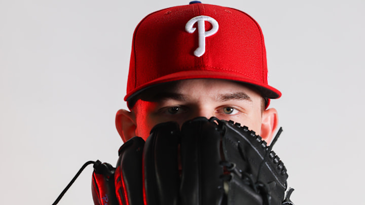Feb 23, 2023; Clearwater, FL, USA; Philadelphia Phillies pitcher Mick Abel (74) during photo day at BayCare Ballpark. 