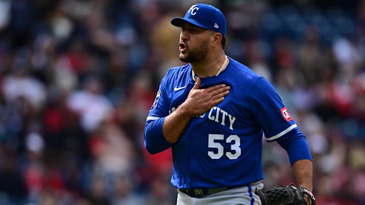 Apr 13, 2025; Cleveland, Ohio, USA; Kansas City Royals relief pitcher Carlos Estevez (53) reacts after striking out Cleveland Guardians first baseman Kyle Manzardo (9)in the ninth inning at Progressive Field. Mandatory Credit: David Dermer-Imagn Images Apr 13, 2025; Cleveland, Ohio, USA; Kansas City Royals relief pitcher Carlos Estevez (53) reacts after striking out Cleveland Guardians first baseman Kyle Manzardo (9)in the ninth inning at Progressive Field. Mandatory Credit: David Dermer-Imagn Images