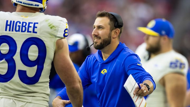 Nov 26, 2023; Glendale, Arizona, USA; Los Angeles Rams tight ends coach Nick Caley against the Arizona Cardinals at State Farm Stadium. Mandatory Credit: Mark J. Rebilas-USA TODAY Sports Nov 26, 2023; Glendale, Arizona, USA; Los Angeles Rams tight ends coach Nick Caley against the Arizona Cardinals at State Farm Stadium. Mandatory Credit: Mark J. Rebilas-USA TODAY Sports