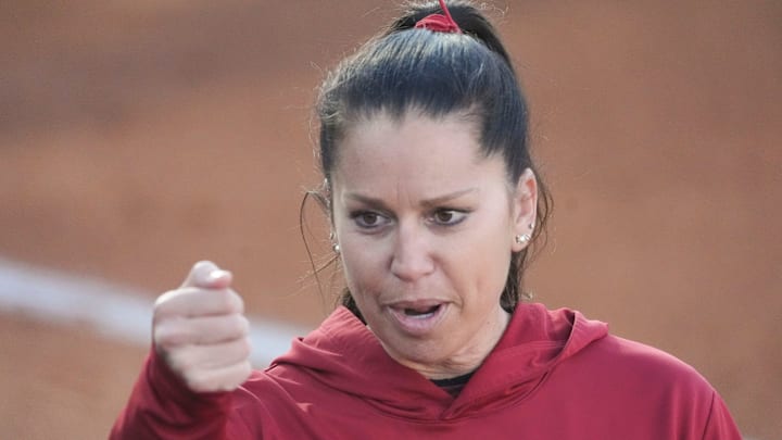 Arkansas softball coach Courtney Deifel during the NCAA softball game against Tennessee on Monday, March 24, 2025, in Knoxville, Tenn.