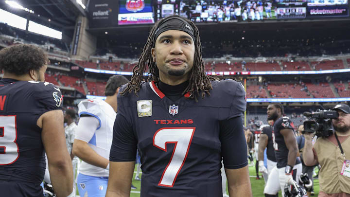 Nov 24, 2024; Houston, Texas, USA; Houston Texans quarterback C.J. Stroud (7) looks up on the field after the game against the Tennessee Titans at NRG Stadium. Mandatory Credit: Troy Taormina-Imagn Images Nov 24, 2024; Houston, Texas, USA; Houston Texans quarterback C.J. Stroud (7) looks up on the field after the game against the Tennessee Titans at NRG Stadium. Mandatory Credit: Troy Taormina-Imagn Images