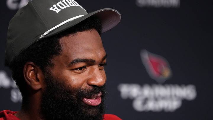 Arizona Cardinals quarterback Jacoby Brissett speaks with the press  during training camp at State Farm Stadium in Glendale on July 26, 2026.