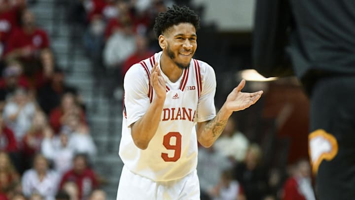 Dec 29, 2024; Bloomington, Indiana, USA;  Indiana Hoosiers guard Kanaan Carlyle (9) celebrates after a play during the first half against the Winthrop Eagles at Simon Skjodt Assembly Hall. Mandatory Credit: Robert Goddin-Imagn Images