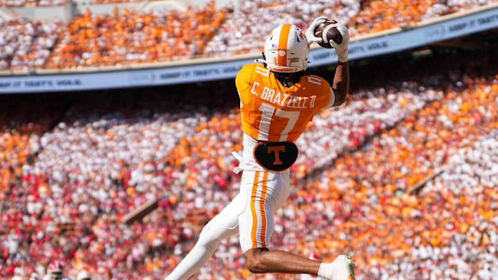 Tennessee wide receiver Chris Brazzell II (17) catches the ball in the end zone during a NCAA football game between Tennessee and Georgia at Neyland Stadium in Knoxville, Tennessee, on September 13, 2025.