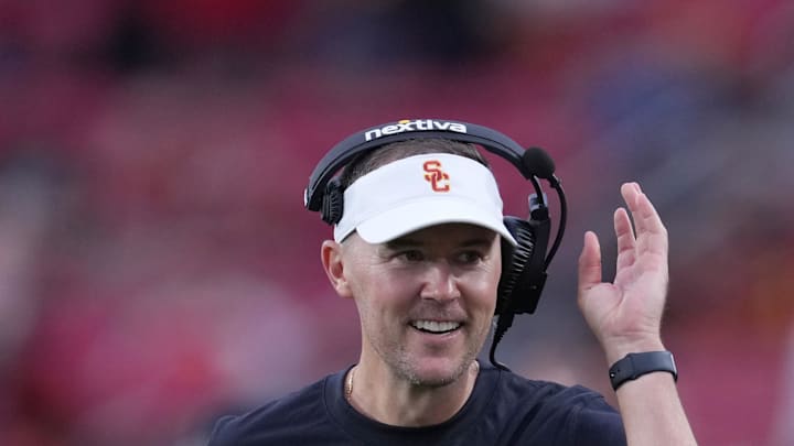 Sep 2, 2023; Los Angeles, California, USA; Southern California Trojans head coach Lincoln Riley reacts against the Nevada Wolf Pack  in the second half at United Airlines Field at Los Angeles Memorial Coliseum. Mandatory Credit: Kirby Lee-Imagn Images
