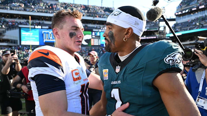 Oct 5, 2025; Philadelphia, Pennsylvania, USA; Denver Broncos quarterback Bo Nix (10) and Philadelphia Eagles quarterback Jalen Hurts (1) meet after the game at Lincoln Financial Field. Mandatory Credit: Eric Hartline-Imagn Images