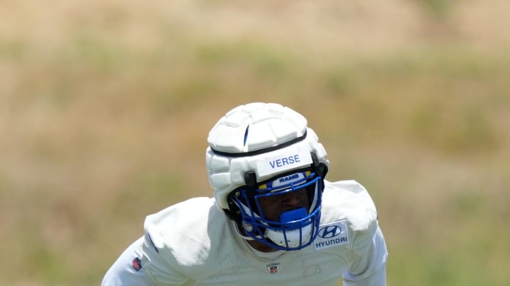 May 21, 2024, Thousand Oaks, California, USA; Los Angeles Rams defensive end Jared Verse (8) wears a Guardian helmet cap during organized team activities at Cal Lutheran University. Mandatory Credit: Kirby Lee-USA TODAY Sports May 21, 2024, Thousand Oaks, California, USA; Los Angeles Rams defensive end Jared Verse (8) wears a Guardian helmet cap during organized team activities at Cal Lutheran University. Mandatory Credit: Kirby Lee-USA TODAY Sports