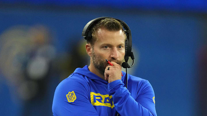 Oct 24, 2024; Inglewood, California, USA; Los Angeles Rams coach Sean McVay reacts against the Minnesota Vikings in the second half at SoFi Stadium. Mandatory Credit: Kirby Lee-Imagn Images