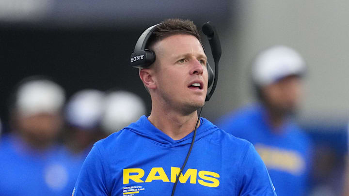 Aug 16, 2025; Inglewood, California, USA; Los Angeles Rams offensive coordinator Mike LaFleur reacts against the Los Angeles Chargers in the second half at SoFi Stadium. Mandatory Credit: Kirby Lee-Imagn Images