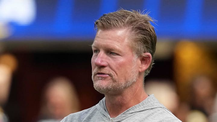 Aug 16, 2025; Inglewood, California, USA; Los Angeles Rams general manager Les Snead watches curing the game Los Angeles Chargers at SoFi Stadium. Mandatory Credit: Kirby Lee-Imagn Images