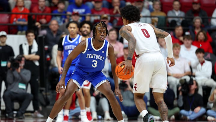 Jan 3, 2026; Tuscaloosa, Alabama, USA; Kentucky Wildcats guard Kam Williams (3) guards Alabama Crimson Tide guard Labaron Philon (0) during the first half at Coleman Coliseum. Mandatory Credit: David Leong-Imagn Images