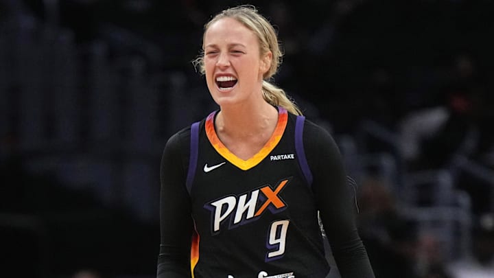 Sep 17, 2024; Los Angeles, California, USA; Phoenix Mercury guard Sophie Cunningham (9) celebrates against the LA Sparks in the second half at Crypto.com Arena. Mandatory Credit: Kirby Lee-Imagn Images