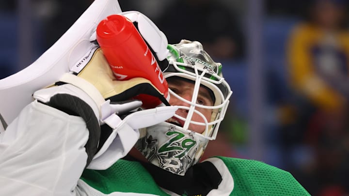 Feb 6, 2024; Buffalo, New York, USA;  Dallas Stars goaltender Jake Oettinger (29) gets a ring during