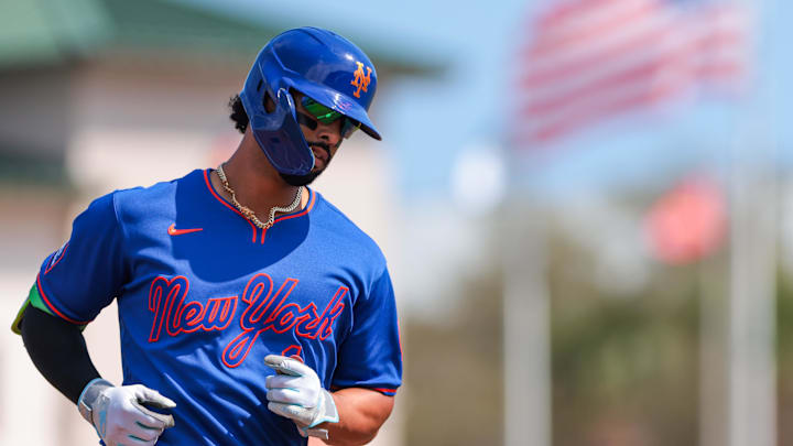 Feb 27, 2026; Jupiter, Florida, USA; New York Mets designated hitter MJ Melendez (1) rounds the bases after hitting a home run against the St. Louis Cardinals during the fourth inning at Roger Dean Chevrolet Stadium. Mandatory Credit: Sam Navarro-Imagn Images