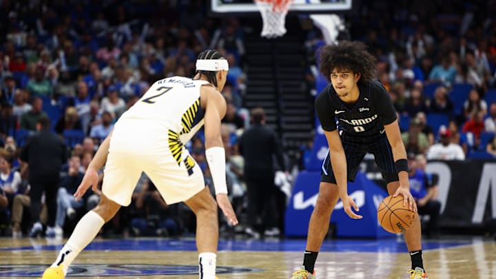 Oct 28, 2024; Orlando, Florida, USA; Orlando Magic guard Anthony Black (0) is guarded by Indiana Pacers guard Andrew Nembhard (2) in the first quarter at Kia Center. Mandatory Credit: Nathan Ray Seebeck-Imagn Images