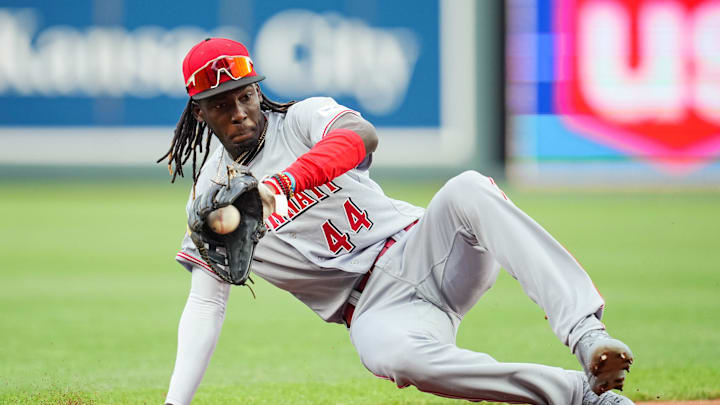 Jun 12, 2023; Kansas City, Missouri, USA; Cincinnati Reds third baseman Elly De La Cruz (44) fields