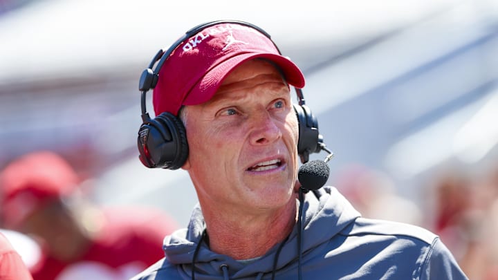 Apr 12, 2025; Norman, OK, USA;  Oklahoma Sooners head coach Brent Venables does an interview during the Crimson Combine at Gaylord Family-Oklahoma Memorial Stadium. Mandatory Credit: Kevin Jairaj-Imagn Images