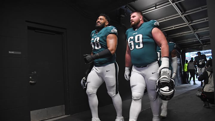 Dec 15, 2024; Philadelphia, Pennsylvania, USA; Philadelphia Eagles offensive tackle Jordan Mailata (68) and guard Landon Dickerson (69) in the tunnel against the Pittsburgh Steelers at Lincoln Financial Field. Mandatory Credit: Eric Hartline-Imagn Images Dec 15, 2024; Philadelphia, Pennsylvania, USA; Philadelphia Eagles offensive tackle Jordan Mailata (68) and guard Landon Dickerson (69) in the tunnel against the Pittsburgh Steelers at Lincoln Financial Field. Mandatory Credit: Eric Hartline-Imagn Images