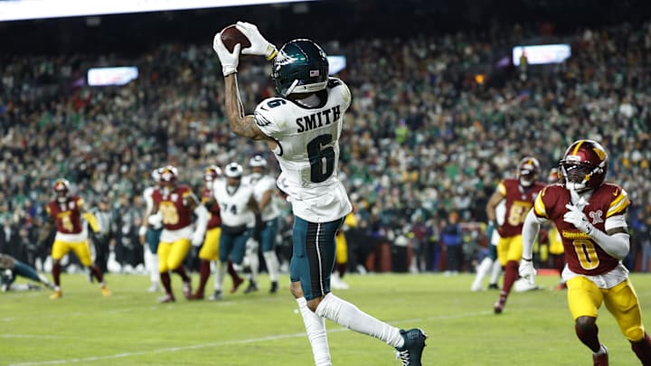 Dec 20, 2025; Landover, Maryland, USA;  Philadelphia Eagles wide receiver Devonta Smith (6) makes a catch to score a touchdown against the Washington Commanders in the first half at Northwest Stadium. Mandatory Credit: Geoff Burke-Imagn Images