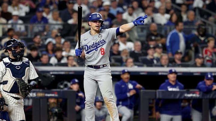 Oct 30, 2024; New York, New York, USA; Los Angeles Dodgers third baseman Enrique Hernandez (8) reacts to a play during the ninth inning against the New York Yankees in game five of the 2024 MLB World Series at Yankee Stadium. Mandatory Credit: Vincent Carchietta-Imagn Images