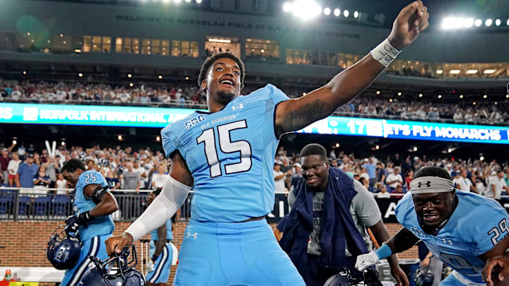 Sep 2, 2022; Norfolk, Virginia, USA; Old Dominion Monarchs linebacker Wayne Matthews III (15) celebrates as the Old Dominion Monarchs beat the Virginia Tech Hokies at Kornblau Field at S.B. Ballard Stadium. Mandatory Credit: Peter Casey-USA TODAY Sports Sep 2, 2022; Norfolk, Virginia, USA; Old Dominion Monarchs linebacker Wayne Matthews III (15) celebrates as the Old Dominion Monarchs beat the Virginia Tech Hokies at Kornblau Field at S.B. Ballard Stadium. Mandatory Credit: Peter Casey-USA TODAY Sports
