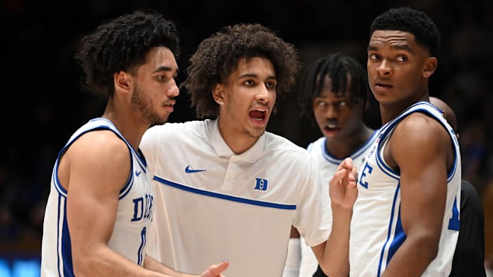 Dec 12, 2023; Durham, North Carolina, USA; Injured Duke Blue Devils guard Tyrese Proctor (center)