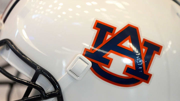 July 15, 2025; Atlanta, GA, USA; An Auburn football helmet is on display during SEC Media Days at the College Football Hall of Fame in Atlanta.