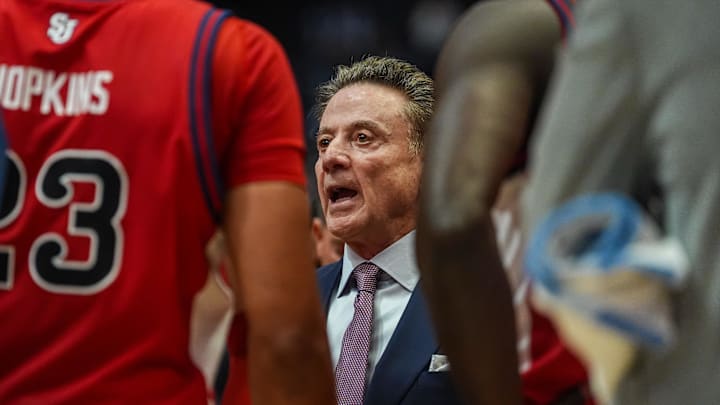 Feb 25, 2026; Hartford, Connecticut, USA; St. John's basketball head coach Rick Pitino talks to his team during a break as they take on the UConn Huskies at PeoplesBank Arena.