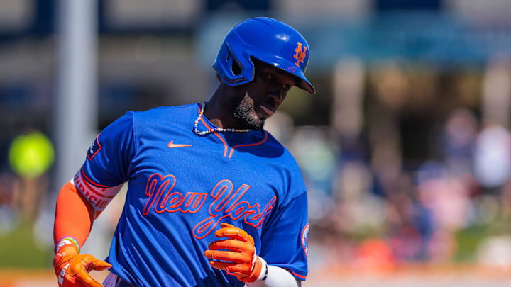 Feb 24, 2026; Port St. Lucie, Florida, USA; New York Mets shortstop Ronny Mauricio (0) circles the bases after hitting a home run against the Houston Astros during the first inning at Clover Park. Mandatory Credit: Sam Navarro-Imagn Images