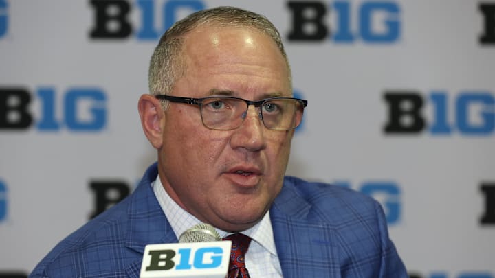 Oct 9, 2025; Rosemont, IL, USA; Maryland head coach Buzz Williams speaks during Big Ten Men’s Basketball Media Days at the Donald E. Stephens Convention Center. Mandatory Credit: Talia Sprague-Imagn Images