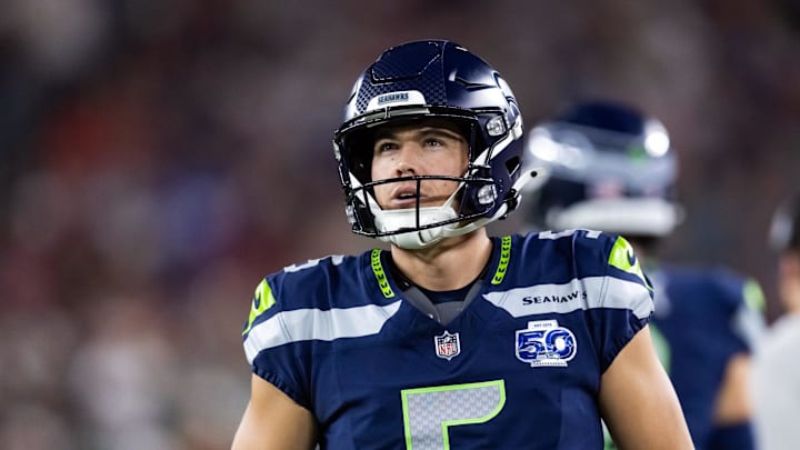 Sep 25, 2025; Glendale, Arizona, USA; Seattle Seahawks kicker Jason Myers (5) against the Arizona Cardinals at State Farm Stadium. Mandatory Credit: Mark J. Rebilas-Imagn Images