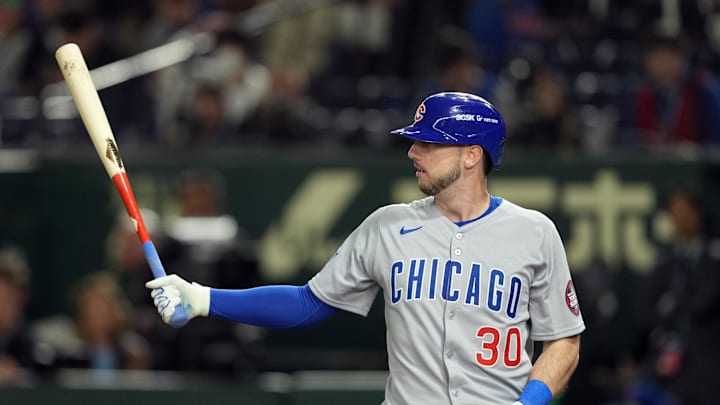 Mar 19, 2025; Bunkyo, Tokyo, JPN; Chicago Cubs right fielder Kyle Tucker (30) bats against the Los Angeles Dodgers during the ninth inning during the Tokyo Series at Tokyo Dome. Mandatory Credit: Darren Yamashita-Imagn Images Mar 19, 2025; Bunkyo, Tokyo, JPN; Chicago Cubs right fielder Kyle Tucker (30) bats against the Los Angeles Dodgers during the ninth inning during the Tokyo Series at Tokyo Dome. Mandatory Credit: Darren Yamashita-Imagn Images