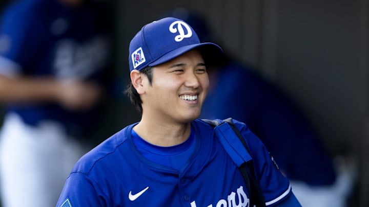 Mar 4, 2025; Phoenix, Arizona, USA; Los Angeles Dodgers designated hitter Shohei Ohtani against the Cincinnati Reds during a spring training game at Camelback Ranch-Glendale.