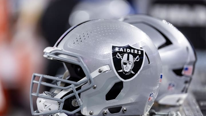 Aug 23, 2025; Glendale, Arizona, USA; Detailed view of a Las Vegas Raiders helmet during a preseason NFL game at State Farm Stadium. Mandatory Credit: Mark J. Rebilas-Imagn Images