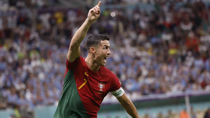 Nov 28, 2022; Lusail, Qatar; Portugal forward Cristiano Ronaldo (7) celebrates his goal scored against Uruguay 