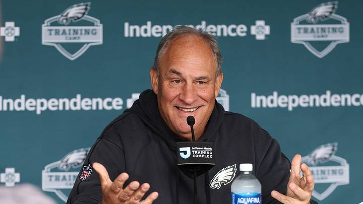 Jul 30, 2026; Philadelphia, PA, USA; Philadelphia Eagles defensive coordinator Vic Fangio speaks with the media during training camp at Jefferson Health Training Complex. Mandatory Credit: Bill Streicher-Imagn Images