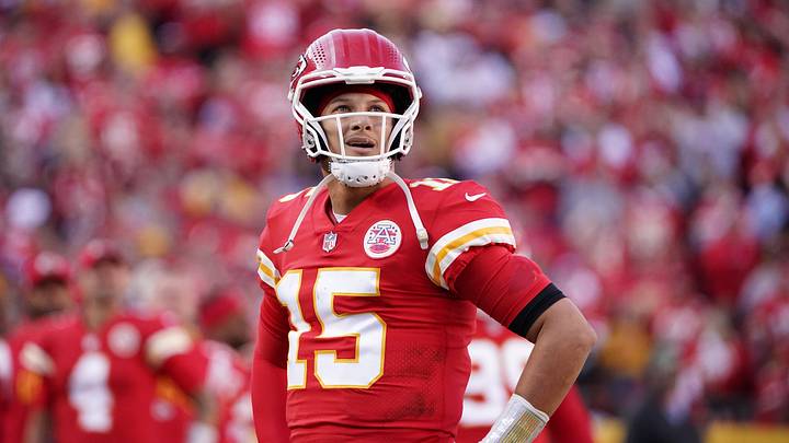 Oct 16, 2022; Kansas City, Missouri, USA; Kansas City Chiefs quarterback Patrick Mahomes (15) watches the reply after throwing an interception against the Buffalo Bills during the first half at GEHA Field at Arrowhead Stadium. Mandatory Credit: Denny Medley-Imagn Images