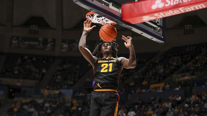Jan 21, 2025; Morgantown, West Virginia, USA; Arizona State Sun Devils forward Jayden Quaintance (21) dunks the ball during the second half against the West Virginia Mountaineers at WVU Coliseum. Mandatory Credit: Ben Queen-Imagn Images