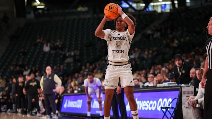 Feb 11, 2026; Atlanta, Georgia, USA; Georgia Tech Yellow Jackets guard Eric Chatfield Jr. (2) shoots against the Wake Forest Demon Deacons in the second quarter at McCamish Pavilion. Mandatory Credit: Brett Davis-Imagn Images
