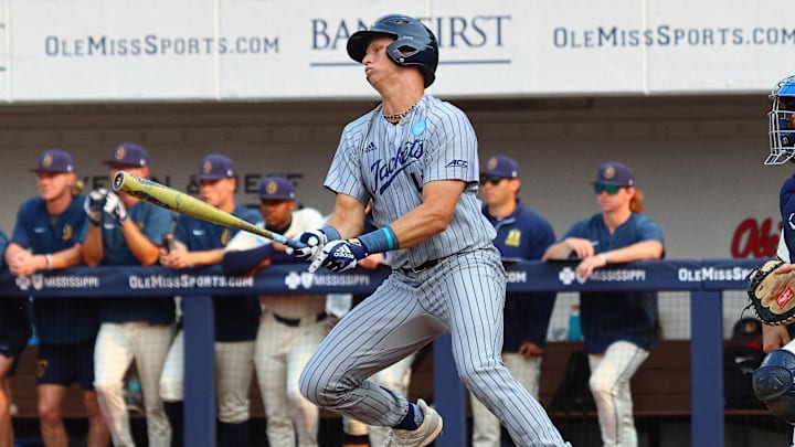 May 31, 2025; Oxford, MS, USA; Georgia Tech Yellowjackets pitcher/infielder Alex Hernandez (4) singles during the first inning against the Murray State Racers. Mandatory Credit: Petre Thomas-Imagn Images May 31, 2025; Oxford, MS, USA; Georgia Tech Yellowjackets pitcher/infielder Alex Hernandez (4) singles during the first inning against the Murray State Racers. Mandatory Credit: Petre Thomas-Imagn Images