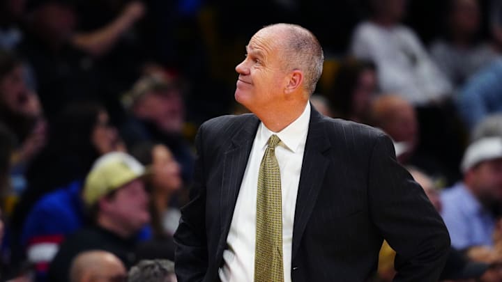 Feb 24, 2025; Boulder, Colorado, USA; Colorado Buffaloes head coach Tad Boyle reacts in the second half against the Kansas Jayhawks at the CU Events Center. Mandatory Credit: Ron Chenoy-Imagn Images