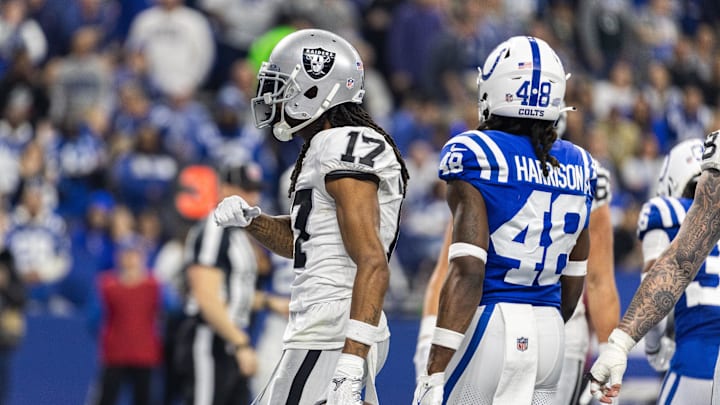 Dec 31, 2023; Indianapolis, Indiana, USA; Las Vegas Raiders wide receiver Davante Adams (17) celebrates his touchdown  in the second half  against the Indianapolis Colts at Lucas Oil Stadium. Mandatory Credit: Trevor Ruszkowski-USA TODAY Sports