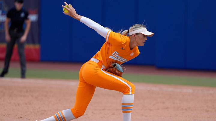 Tennessee Lady Volunteers pitcher Karlyn Pickens (23) throws a pitch during a Women's College World Series softball game between the Tennessee Volunteers and the Texas Longhorns at Devon Park in Oklahoma City, Thursday, May 28, 2026. Tennessee won 6-3.
