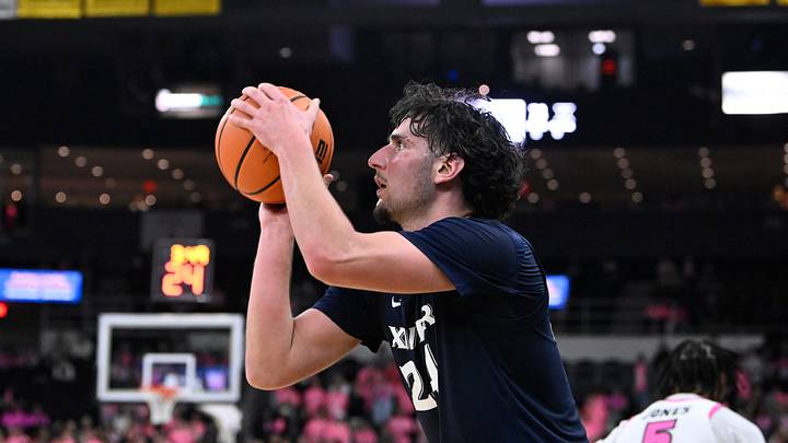Feb 25, 2026; Providence, Rhode Island, USA; Xavier Musketeers forward Jovan Milicevic (24) shoots the ball against the Providence Friars during the second half at Amica Mutual Pavilion. Mandatory Credit: Eric Canha-Imagn Images
