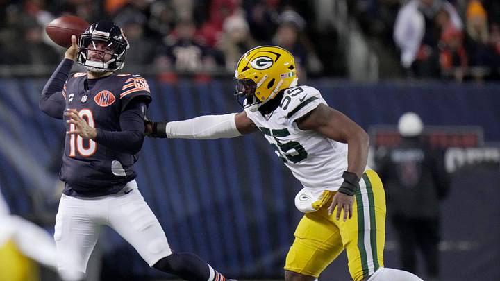 Chicago Bears quarterback Caleb Williams (18) is pressured by Green Bay Packers defensive end Kingsley Enagbare (55) during the first quarter of their game Saturday, December 20, 2025 at Soldier Field in Chicago, Illinois. Chicago Bears quarterback Caleb Williams (18) is pressured by Green Bay Packers defensive end Kingsley Enagbare (55) during the first quarter of their game Saturday, December 20, 2025 at Soldier Field in Chicago, Illinois.