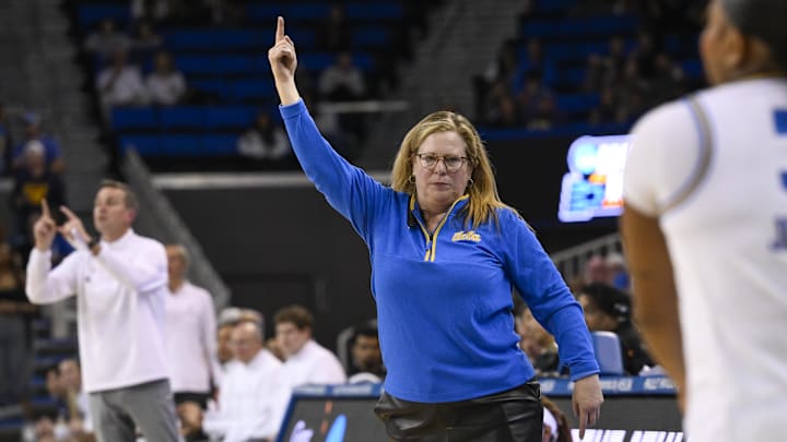 Mar 23, 2025; Los Angeles, California, USA; UCLA Bruins head coach Cori Close during the fourth quarter of an NCAA Tournament second round game against the Richmond Spiders at Pauley Pavilion presented by Wescom. Mandatory Credit: Robert Hanashiro-Imagn Images