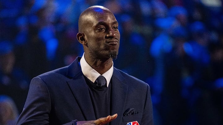 February 20, 2022; Cleveland, Ohio, USA; NBA great Kevin Garnett is honored for being selected to the NBA 75th Anniversary Team during halftime in the 2022 NBA All-Star Game at Rocket Mortgage FieldHouse. Mandatory Credit: Kyle Terada-Imagn Images February 20, 2022; Cleveland, Ohio, USA; NBA great Kevin Garnett is honored for being selected to the NBA 75th Anniversary Team during halftime in the 2022 NBA All-Star Game at Rocket Mortgage FieldHouse. Mandatory Credit: Kyle Terada-Imagn Images
