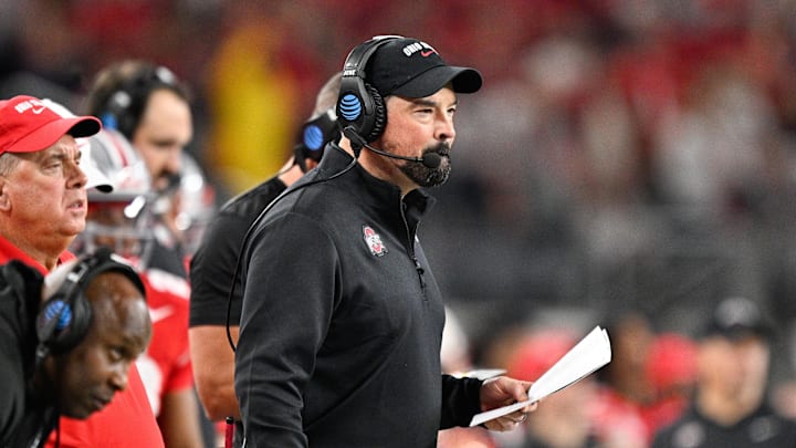 Dec 31, 2025; Arlington, TX, USA; Ohio State Buckeyes head coach Ryan Day looks on in the second quarter against the Miami Hurricanes during the 2025 Cotton Bowl and quarterfinal game of the College Football Playoff at AT&T Stadium. Mandatory Credit: Jerome Miron-Imagn Images Dec 31, 2025; Arlington, TX, USA; Ohio State Buckeyes head coach Ryan Day looks on in the second quarter against the Miami Hurricanes during the 2025 Cotton Bowl and quarterfinal game of the College Football Playoff at AT&T Stadium. Mandatory Credit: Jerome Miron-Imagn Images