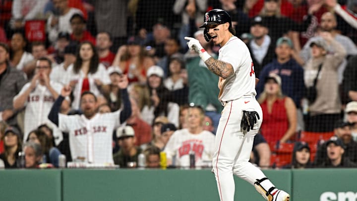 Jun 2, 2025; Boston, Massachusetts, USA; Boston Red Sox outfielder Jarren Duran (16) reacts after striking out against the Los Angeles Angels during the eighth inning at Fenway Park. Mandatory Credit: Brian Fluharty-Imagn Images