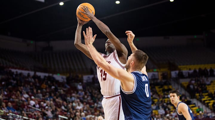 Mady Traore, as a New Mexico State freshman, drives against Cal Baptist in 2023.